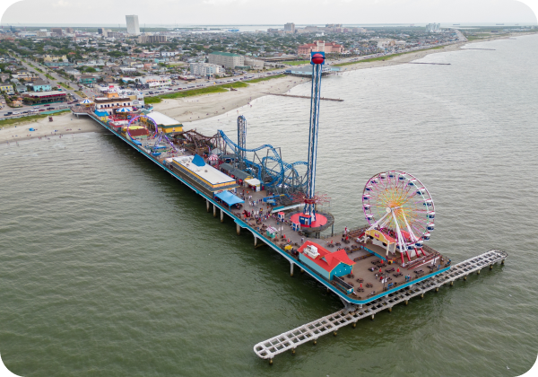 Galveston Island Historic Pleasure. Aerial view of the park on the coast. Beach in Houston.