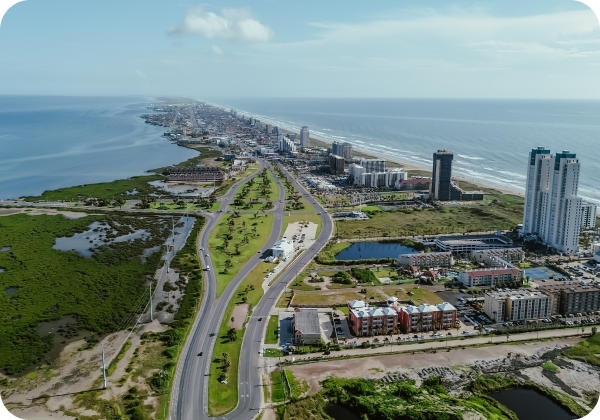 South Padre Island: aerial view. Touristic town near McAllen. Beach in Texas.